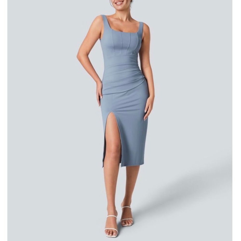 Halara NWT  SoftlyZero Airy Square Neck  Corset Ruched Split Midi Dress Blue